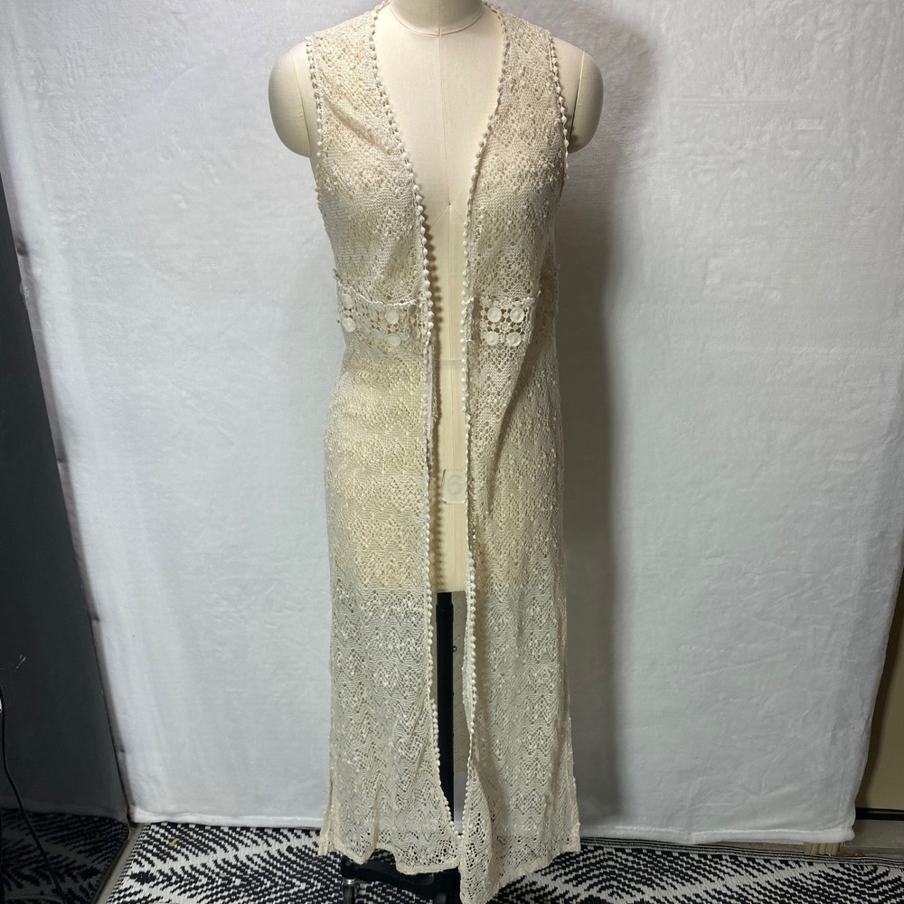 MONTEAU Los Angeles S Cream Crochet‎ Lace Duster Vest Cardigan Hippie Boho Sweet
